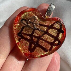 Handblown Art Glass Red Heart Gold Glitter Abstract Pendant